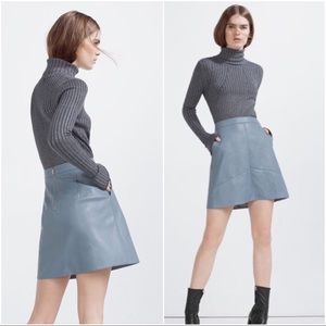 Zara blue vegan leather pocketed A-line skirt S